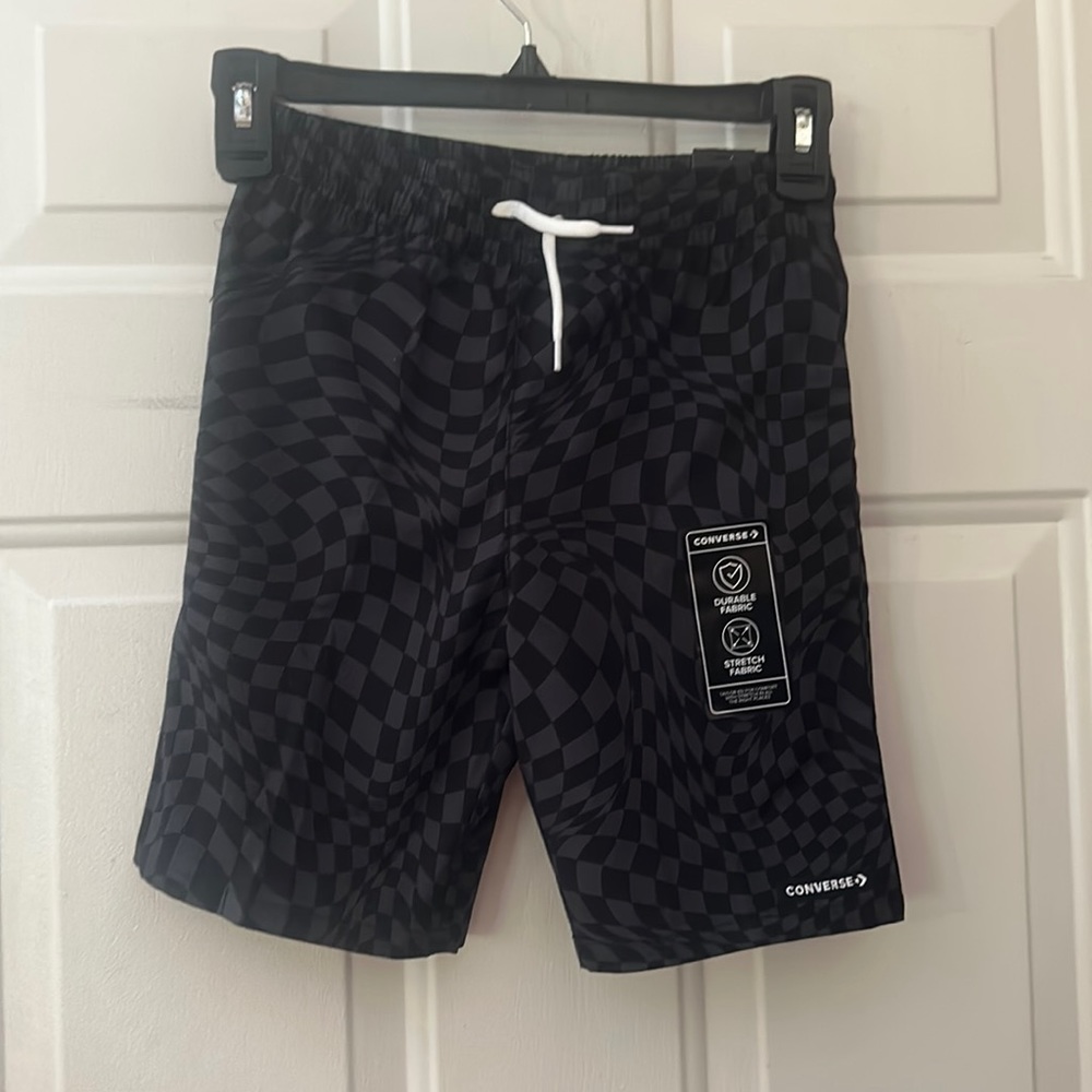 CONVERSE PULL-ON FABRIC SHORTS: BLACK/GRAY CHECKERED: NEW WITH TAGS: SIZE 7